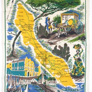 Curacao Irish linen souvenir towel. Ulster, NOS, figural, map, harbor, landscape, donkey, yellow, green, blue, brown, tea towel, kitchen