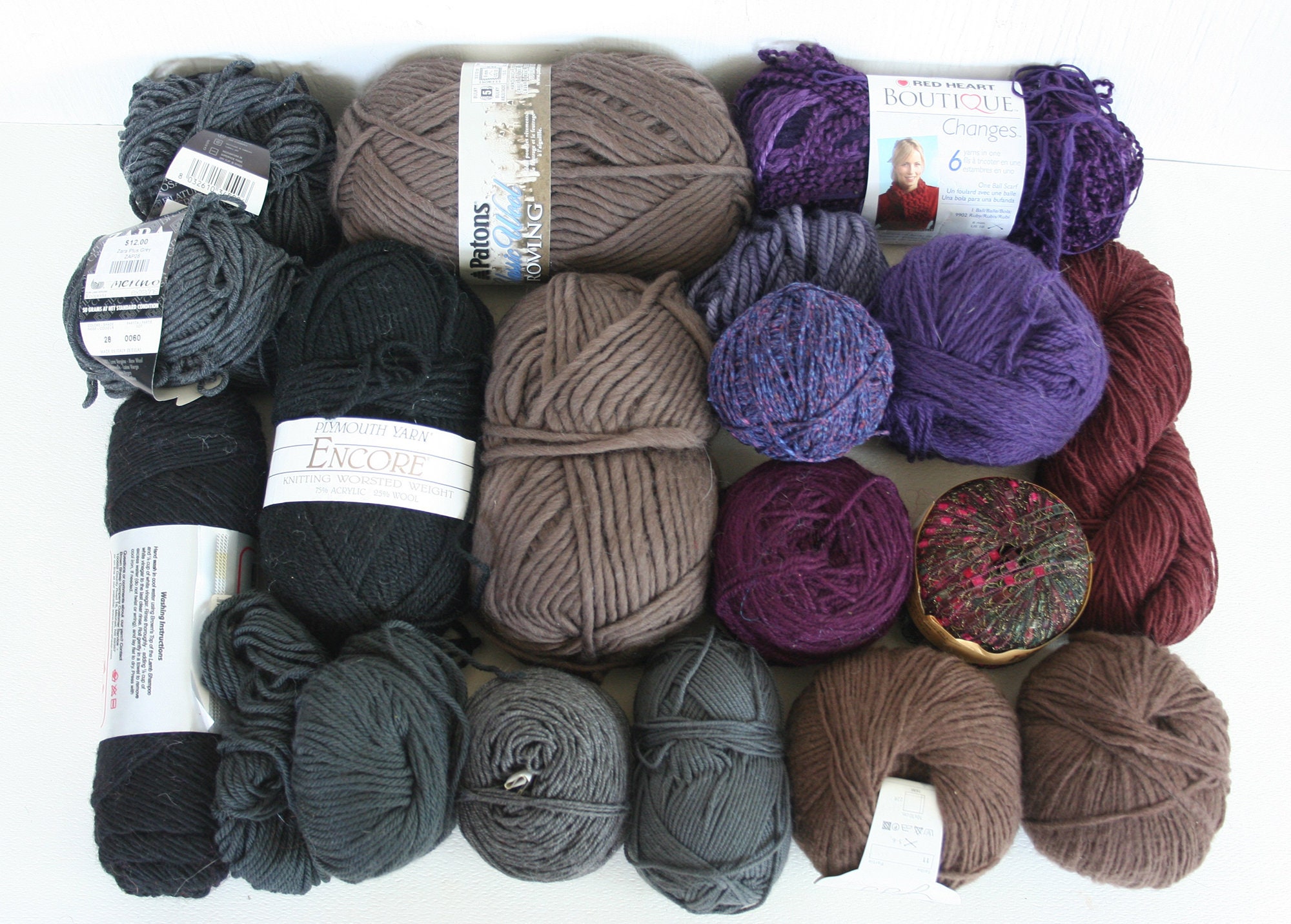 Variety Pack of Yarn. Quality Yarn Lot, Destash, Merino Wool, New Wool,  Mohair, Acrylic, Brown, Gray, Purple, Black, Lamb's Pride, Patons 