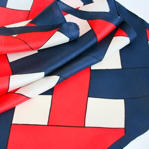 Mod color block silk scarf by Echo. Retro scarf, Op Art scarf, patriotic colors, red, white, blue, hand rolled, graphic, bold, made in Japan