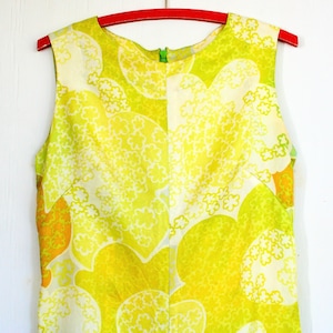 Retro vintage jumpsuit, mod floral summer jumpsuit, sleeveless, flower power print, daisies, yellow, orange, chartreuse, wide leg, size S