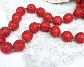 Vintage carved natural cinnabar bead necklace. Tomato red necklace, Asian floral necklace, scroll necklace, knotted, silver clasp, 925