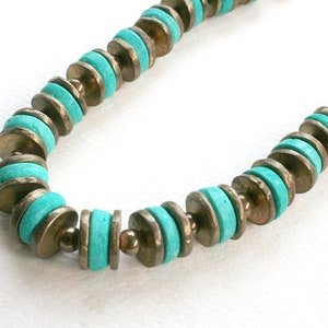 Vintage faux turquoise and metal necklace. Tribal, bohemian jewelry, boho, retro, blue green, antiqued bronze, chunky, heavy, hook closure