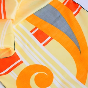 Vintage Op Art silk scarf. Mod color block scarf, geometric, oblong, retro, graphic scarf, hand rolled, yellow, orange, gray, swirl, stripe