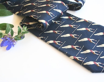Polo Ralph Lauren necktie. 1990s silk tie, figural tie, gymnast tie, diver tie, made in USA, pure silk tie, navy blue, beige tie, maroon tie