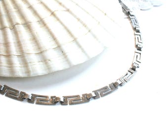 Vintage sterling silver Greek key flat link necklace. Made in Mexico, 925, marked MF 68, articulated, geometric, fancy links, 16 inch