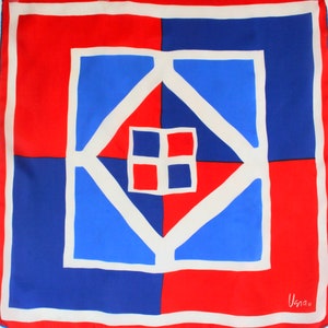 Vera Neumann color block geometric scarf. Retro scarf, mod, 1970s, Op Art, graphic, red scarf, blue scarf, white scarf, patriotic colors