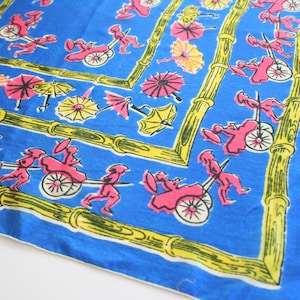 1950s Asian themed silk neckerchief. Figural, rickshaw, umbrellas, blue, pink and yellow silk scarf. Vintage, small, Japan, rockabilly