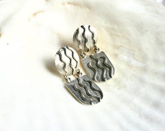 Vintage artisan sterling silver statement earrings, modernist, brushed, articulated, geometric