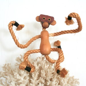 Mid century Kay Bojesen posable wood monkey figurine. Danish, vintage decor. Zoo line, natural wood, sisal, boho decor, figural shelf sitter