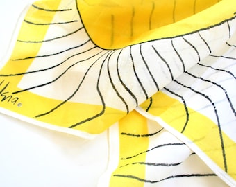 Rare Vera Neumann cotton scarf. Sun print, lemon yellow, black, white, made in Italy, retro