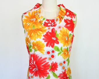 Vintage 60s Floral Maxi Dress, Red Yellow Daisy Print, Mad Men Style, Size S