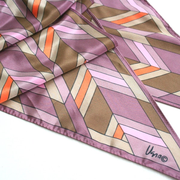 Vera Neumann wingtip scarf with graphic chevron print. Purple Vera scarf, lilac, pale brown, orange, black, retro scarf, skinny, geometric