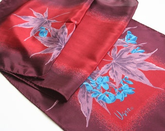Vintage Vera Neumann scarf. Japanese maple, foliage, seeds, red, maroon, burgundy, blue, purple, oblong scarf, asymmetric, made in Japan