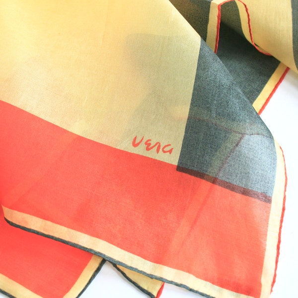 Vera Neumann neckerchief. Small  mid century Vera scarf, color block scarf, pre trademark Vera scarf, post war Vera, orange, yellow, black
