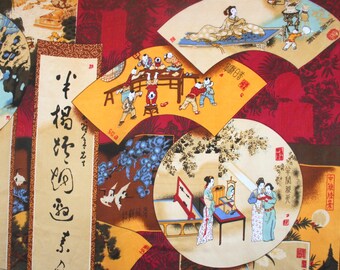 1990s Asian themed scarf. Fans, landscape, figurative, figural, characters, golden yellow, red, oversized