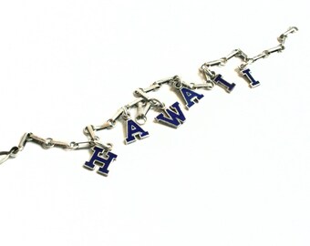 Vintage sterling silver Hawaii souvenir letter charm bracelet blue enamel 7.25"