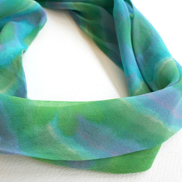 Retro infinity cowl scarf. Silk retro scarf, floral scarf, tie dye watercolor style, aqua, kelly green, blue, violet  silk, made in Japan.