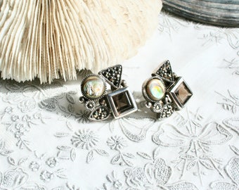 Vintage Thai sterling silver, marcasite, smoky quartz and shell earrings. 925, geometric, textured, post, ornate, well made, Thailand