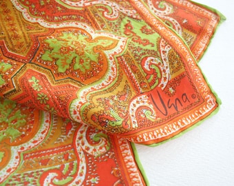 Retro Vera Neumann scarf with ornate paisley scroll pattern. Hippie era, boho, bohemian, orange, chartreuse, mustard, floral, silk blend