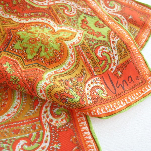 Retro Vera Neumann scarf with ornate paisley scroll pattern. Hippie era, boho, bohemian, orange, chartreuse, mustard, floral, silk blend