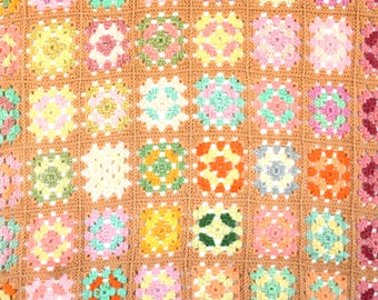 Vintage Hand Crochet Granny Square Throw, Retro Warm Colors