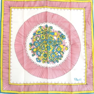 Retro floral scarf by Paoli. Graphic, illustration style, juvenile, pink, teal, turquoise, yellow, white, summer scarf,  made in Japan.