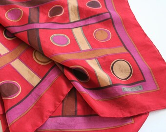 Mod color block silk scarf by Echo. Modern, retro style scarf, red, maroon, brown, caramel, tan, hand rolled, large, square, graphic