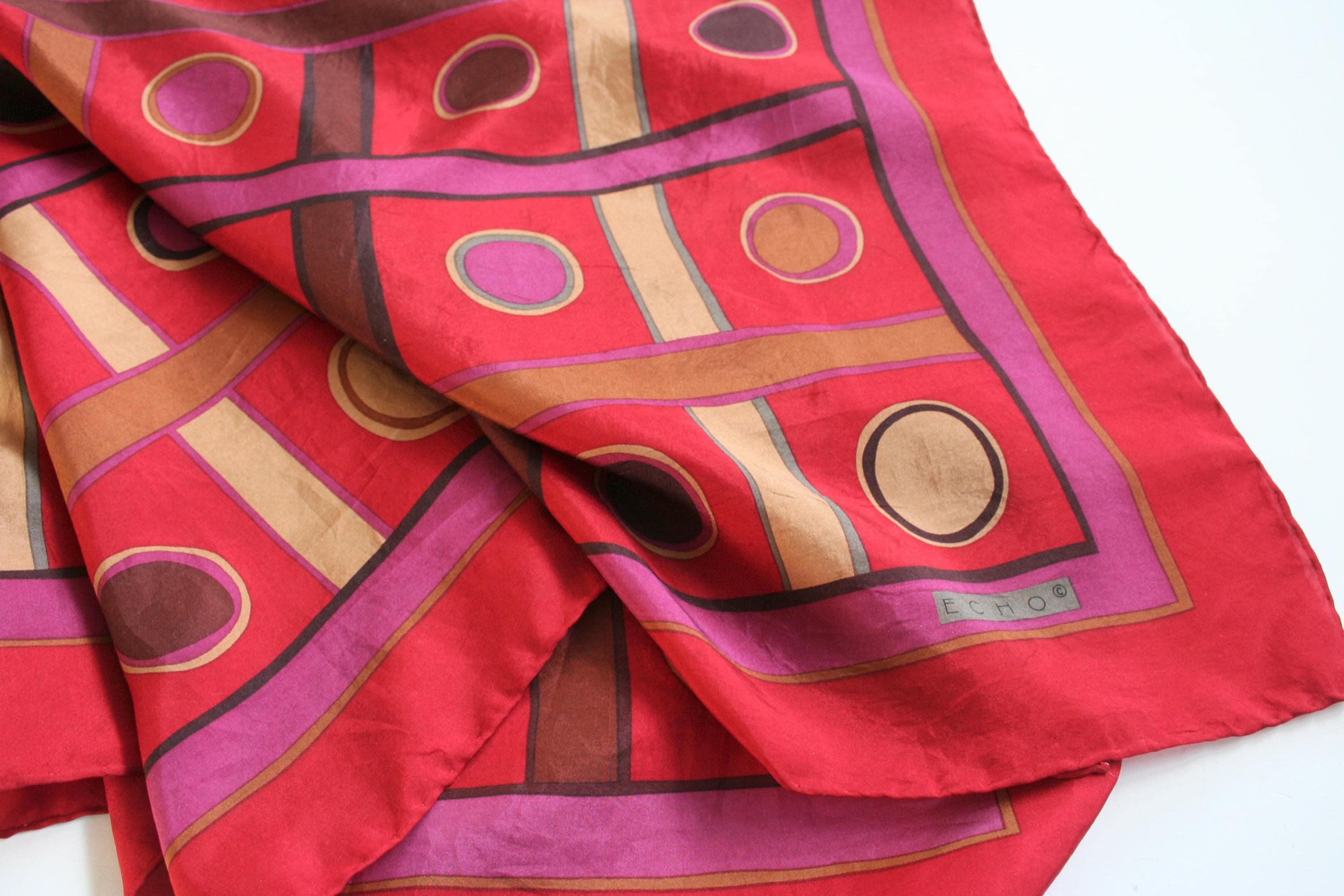 Foulard En Soie Vintage Echo - 90 X 90 Cm - Bleu Et Marron - Occasion Bon état