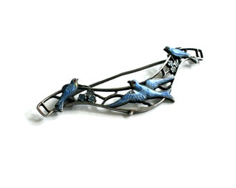 Vintage Paye & Baker Sterling Silver Swallow Brooch, Blue Enamel Edwardian Pin