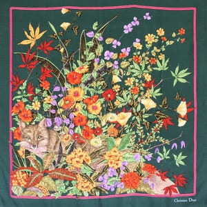 Christian Dior silk scarf with a fox, floral and foliage motif. Large, quality, made in France, hand rolled, forest green,