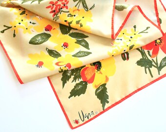 Vera Neumann floral scarf. Ladybug, poppies, wildflowers, orange, yellow, olive