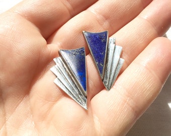 Vintage Lapis Lazuli Sterling Silver Art Deco Earrings, Geometric Handmade Jewelry