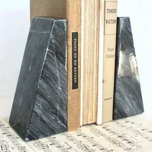 Vintage minimal gray marble bookends. Modernist bookends, veined marble, unisex gift, office decor, library decor, heavy, solid, geometric