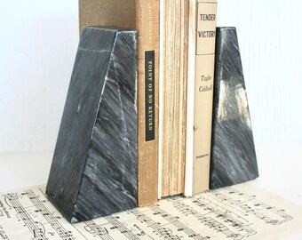 Vintage Gray Marble Bookends, Minimalist Geometric Office Decor