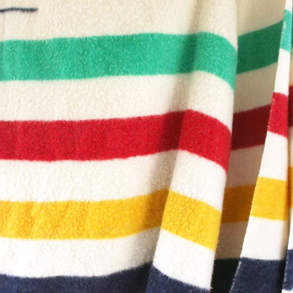 Hudson's Bay four point vintage wool blanket. Made in England, pure wool blanket, cream, green, yellow, red, deep indigo, large, mid century