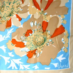 Retro Vera Neumann floral scarf, expressive, brushwork, tan, orange, blue, silk blend