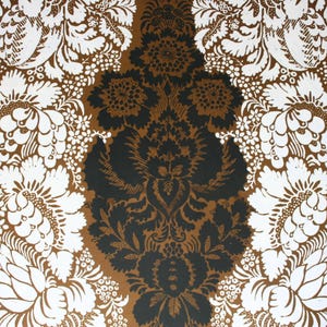 Maija Isola Marimekko vintage fabric, Ananas pattern, floral, scrolls, Scandinavian design, made in Finland, mod, bold, brown, black, white