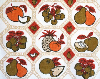 Vintage linen kitchen towel with retro fruit design. Orange, olive green, burnt orange, tan, black, peaches, berries, pears, apples
