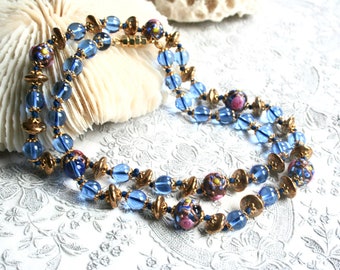 Vintage Venetian wedding cake glass bead necklace. Floral beaded necklace, hand knotted, blue, gold tone, pink, yellow, gold speckled, 24 in