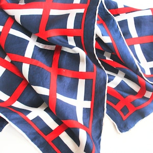 Mod color block silk scarf. Retro scarf, Op Art scarf, checker, geometric, patriotic colors, red, white, blue, hand rolled, graphic, bold