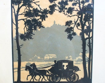 Vintage Cut Paper Silhouette Artwork, Horse Drawn Carriage Scene, Framed