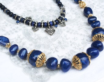 Vintage Avon Beaded Necklace Pair, Cobalt Blue and Gold Tone