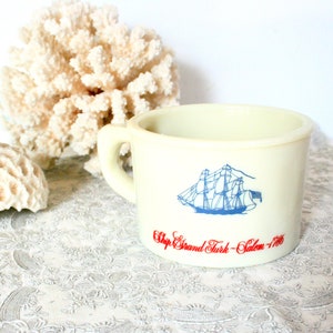 Vintage Old Spice shaving mug. Opaque custard glass shaving mug, Shulton, ships, historic sail boats, off white, blue, red, retro, guy gift