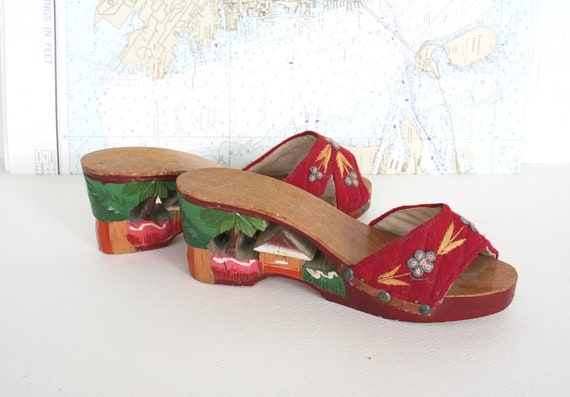 1940s hand carved exotic wooden shoes. Asian, Paci