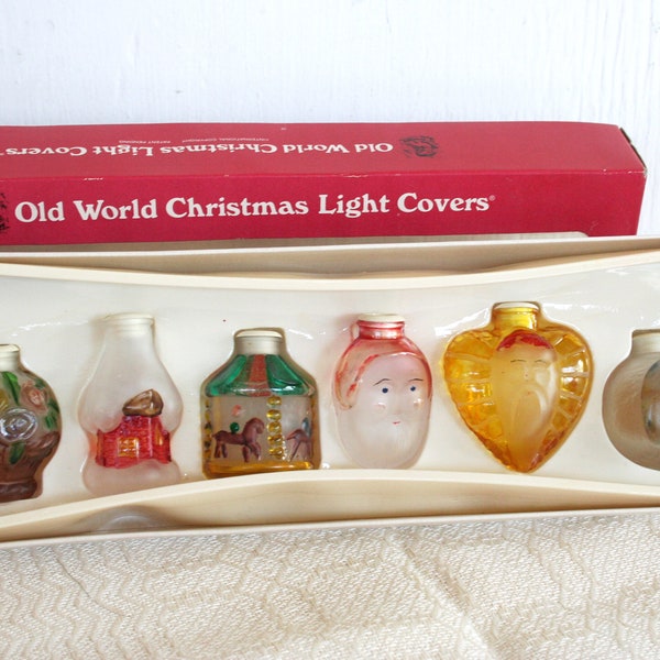 Vintage Old World Christmas light covers replicas made in Taiwan variety pack box set glass rustic aged Santa Claus carousel heart