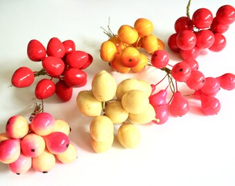 Lot of vintage millinery fruit and berries. 1980s, made in Taiwan, pears, apples, lemons, red, hot pink, yellow, lightweight foam, paint