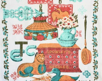 Vintage kitchen towels. Linen tea towels, mid century kitchen towels, retro, farmhouse decor, fruit, red, rust, orange, aqua, green