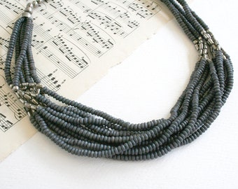 Vintage boho necklace. Beaded necklace, retro necklace, tribal necklace, wood multistrand necklace, gray, silver tone necklace, hook closure