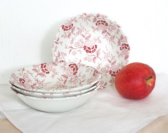 Four Royal Staffordshire Heirloom ironstone cereal bowls. Meakin, England, Victoria Red, floral transfer ware, red, roses, cottage core
