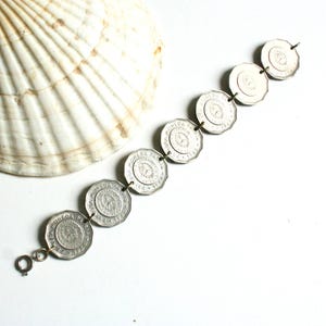 Vintage Mexican peso coin link bracelet, Made in Mexico, silver tone metal, artisan bracelet, retro, bohemian, boho, 1960s 70s, 8 inch
